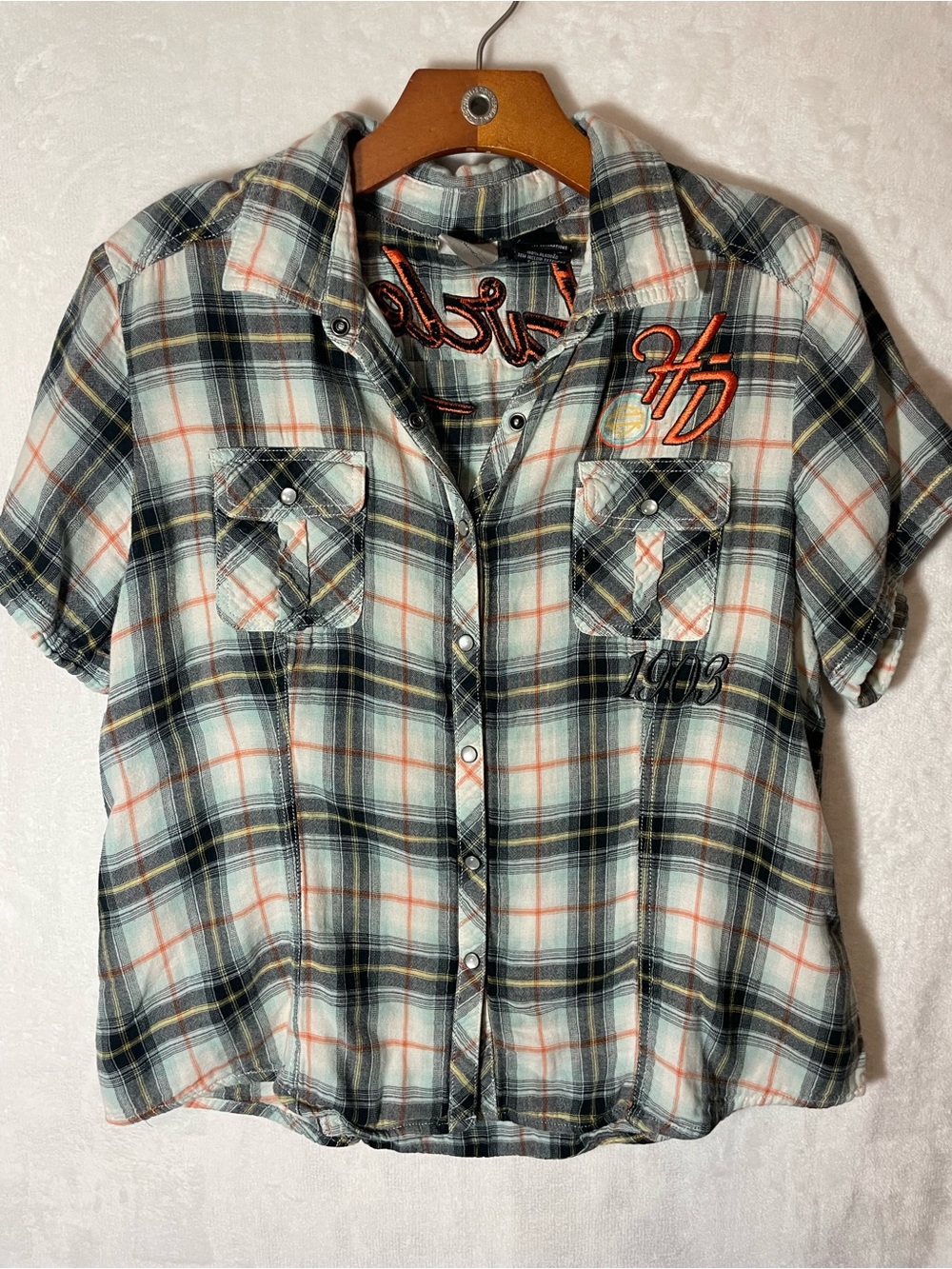 Harley-Davidson Plaid Button-Down Shirt in White, Black, Orange